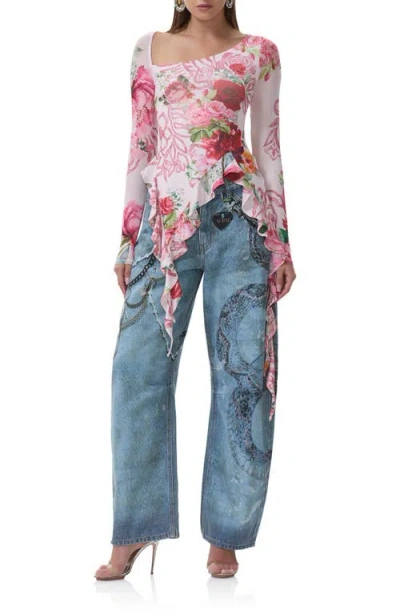 Afrm Doris Ruffle Asymmetric Mesh Top In Multi