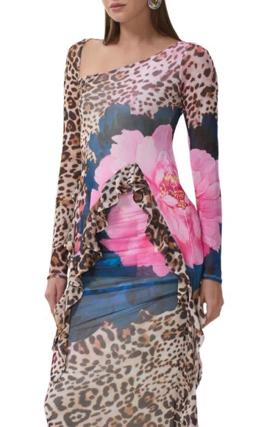 Afrm Doris Ruffle Asymmetric Mesh Top In Multi