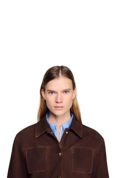 Sandro Buttoned Pocket Leather Jacket In Brown