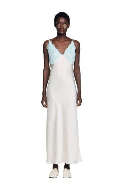 Sandro Womens Ecru V-neck Lace-trim Satin Maxi Dress In Nude