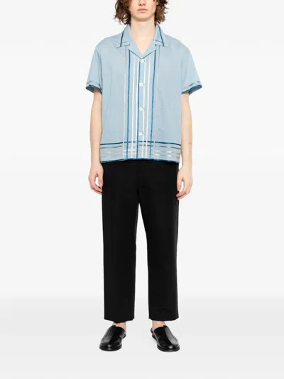 Bode Striped Cotton Bowling Shirt With Cuban Collar And Short Sleeves In Blue