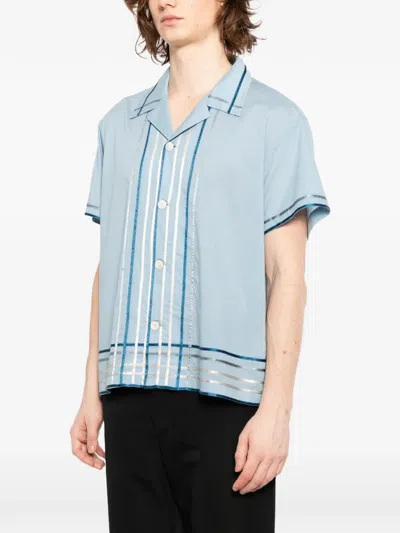 Bode Striped Cotton Bowling Shirt With Cuban Collar And Short Sleeves In Blue