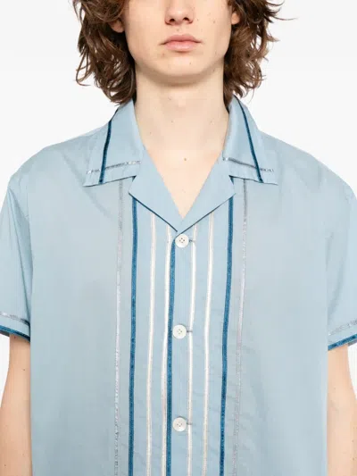 Bode Striped Cotton Bowling Shirt With Cuban Collar And Short Sleeves In Blue