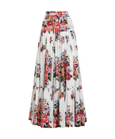 Dolce & Gabbana White Long Skirt With Floral Print And Elasticated Waistband In Cotton Woman