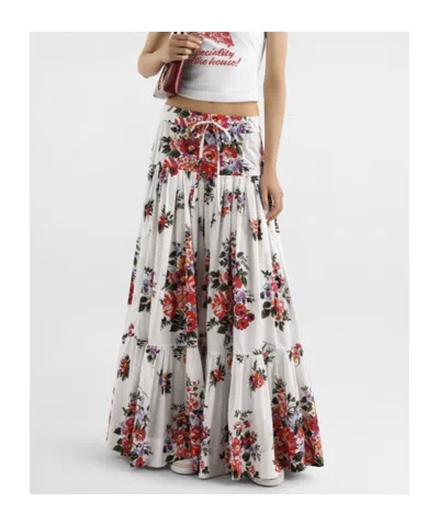 Dolce & Gabbana White Long Skirt With Floral Print And Elasticated Waistband In Cotton Woman