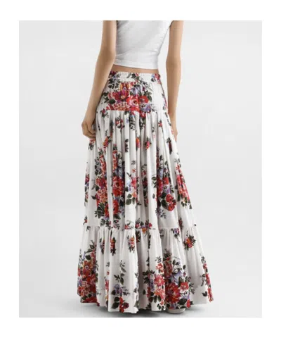 Dolce & Gabbana White Long Skirt With Floral Print And Elasticated Waistband In Cotton Woman