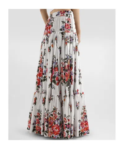 Dolce & Gabbana White Long Skirt With Floral Print And Elasticated Waistband In Cotton Woman