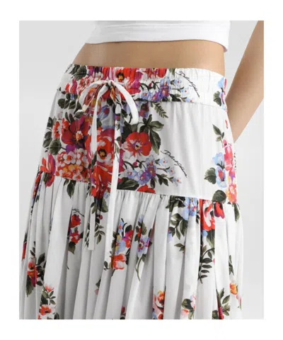 Dolce & Gabbana White Long Skirt With Floral Print And Elasticated Waistband In Cotton Woman