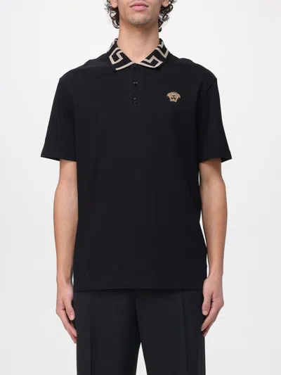Versace Geometric Patterned Black Polo Shirt With Classic Placket In Black