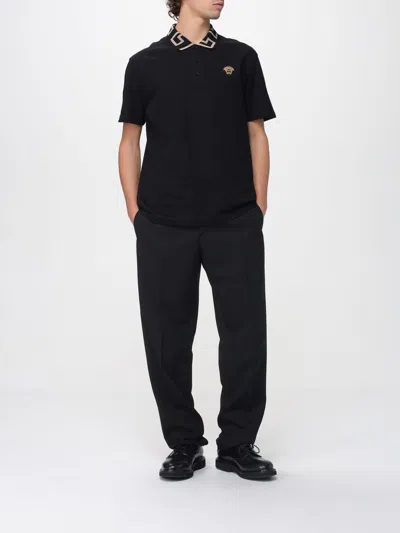 Versace Geometric Patterned Black Polo Shirt With Classic Placket In Black
