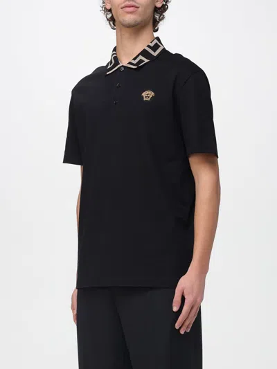Versace Geometric Patterned Black Polo Shirt With Classic Placket In Black