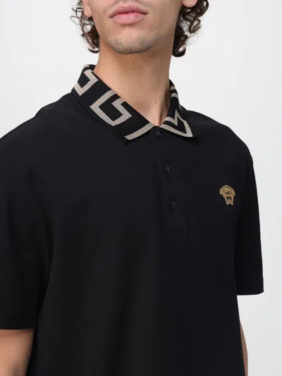 Versace Geometric Patterned Black Polo Shirt With Classic Placket In Black