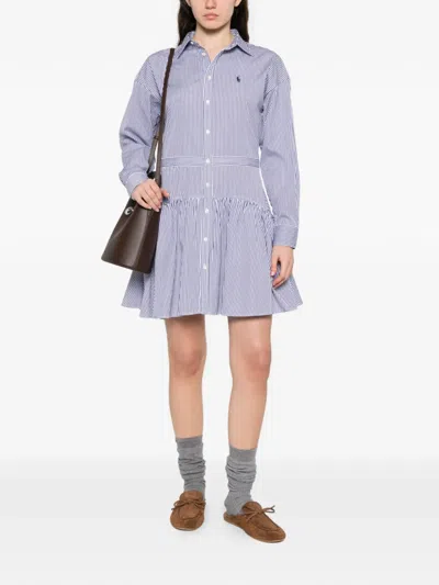 Polo Ralph Lauren Striped Ruffle Midi Shirt Dress In Purple