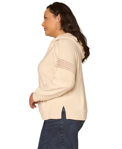 Democracy Plus Size Half Placket Mixed Media Pull-on Top In Neutral
