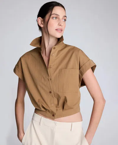 Kenneth Cole Poplin Cropped Short Sleeve Shirt In Brown