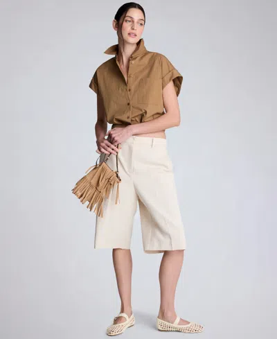 Kenneth Cole Poplin Cropped Short Sleeve Shirt In Brown