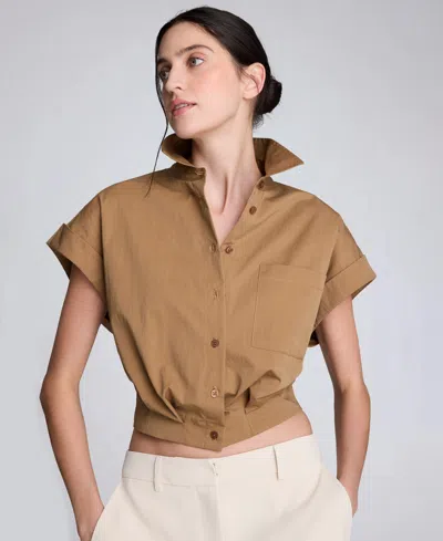 Kenneth Cole Poplin Cropped Short Sleeve Shirt In Brown