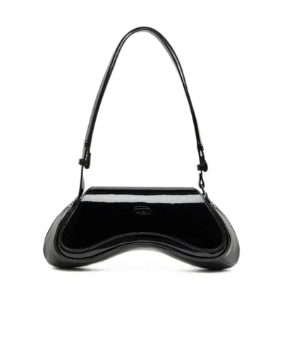 Diesel Curved Black Play Clutch With Glossy Finish And Magnetic Closure