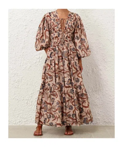 Zimmermann Long Sleeve Maxi Dress With Self-ties And Pleated Skirt In Multi