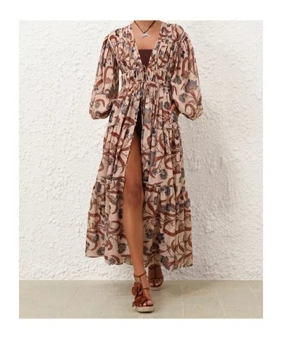 Zimmermann Long Sleeve Maxi Dress With Self-ties And Pleated Skirt In Multi