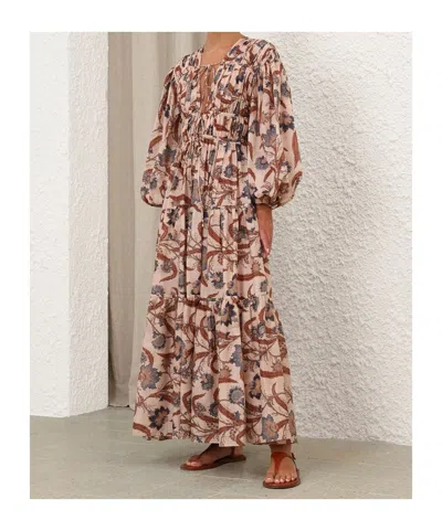 Zimmermann Long Sleeve Maxi Dress With Self-ties And Pleated Skirt In Multi