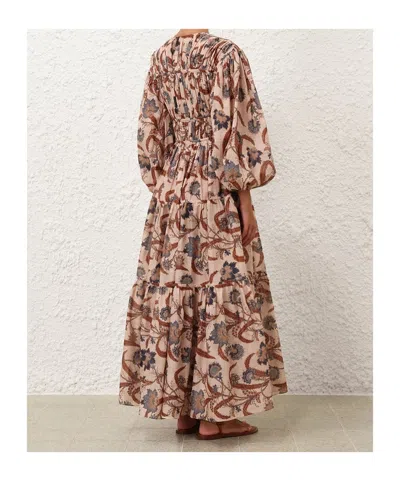 Zimmermann Long Sleeve Maxi Dress With Self-ties And Pleated Skirt In Multi