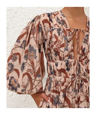 Zimmermann Long Sleeve Maxi Dress With Self-ties And Pleated Skirt In Multi