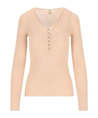 Chloé Henley Ribbed Button-front T-shirt In Brown