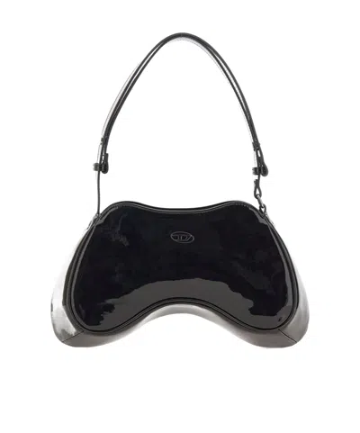 Diesel Play Patent-leather Curved Shoulder Bag In Black