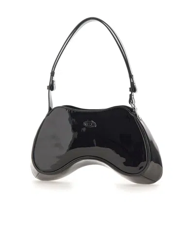 Diesel Play Patent-leather Curved Shoulder Bag In Black