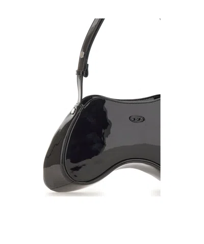 Diesel Play Patent-leather Curved Shoulder Bag In Black