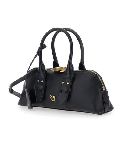 Pinko Bowling Bag Horizontal Black Handbag With Adjustable And Removable Shoulder Strap And Padlock Detail