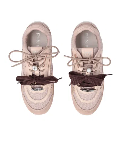 Pinko Yulia Leather And Mesh Sneakers With Two-tone Laces In Pink