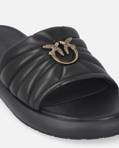 Pinko Fiona Black Slides With Chunky Design And Love Birds Logo Plaque In Leather Woman