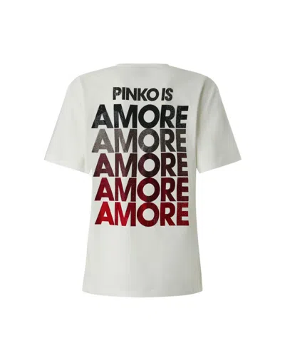 Pinko White Crewneck T-shirt With Logo Detail On The Front And Maxi Print On The Rear In Cotton Woman In Neutral