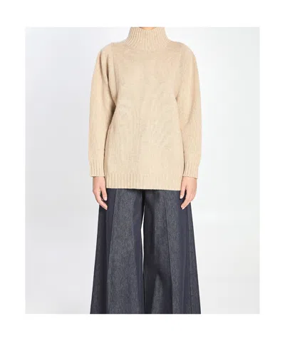 Max Mara Knit Cashmere Longline Sweater With Ribbed Finish In Neutral