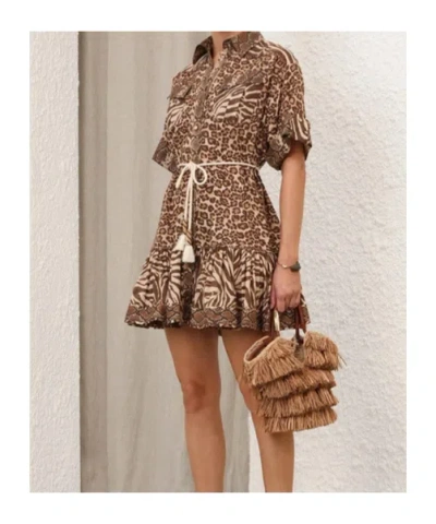 Zimmermann Wanderlust Lantern Belted Printed Cotton Mini Dress In Brown