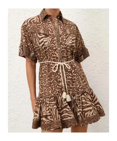 Zimmermann Wanderlust Lantern Belted Printed Cotton Mini Dress In Brown