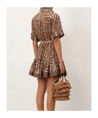 Zimmermann Wanderlust Lantern Belted Printed Cotton Mini Dress In Brown
