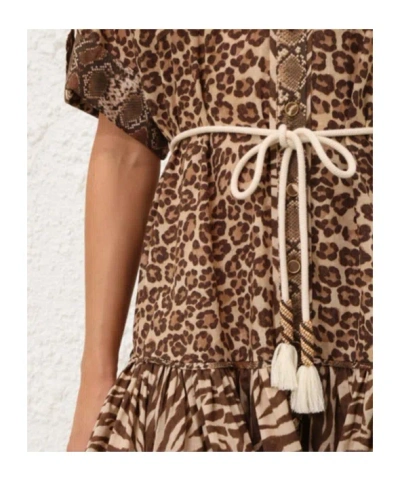 Zimmermann Wanderlust Lantern Belted Printed Cotton Mini Dress In Brown