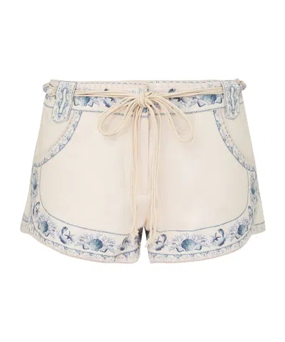 Zimmermann Wanderlust Mini Shorts Embroidered Pockets Beltloops In White