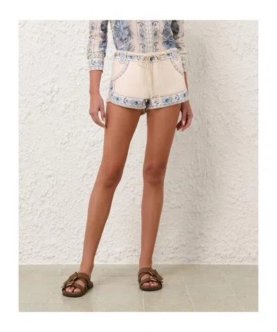 Zimmermann Wanderlust Mini Shorts Embroidered Pockets Beltloops In White