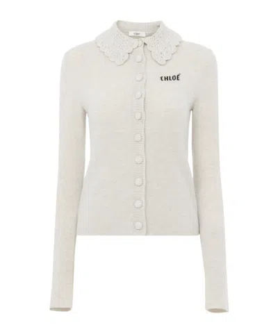 Chloé Wool Cardigan Logo Long Sleeves Scalloped Collar In White