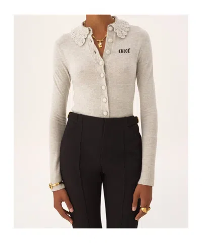 Chloé Wool Cardigan Logo Long Sleeves Scalloped Collar In White