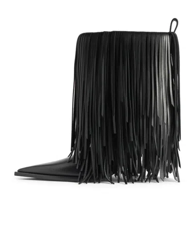 Balenciaga Avenue Fringe Ankle Boots Pointed Toe Pull Tab In Black