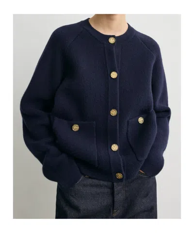 Totême Womens Navy Hammered Round-neck Stretch-wool Blend Cardigan Xs In Black