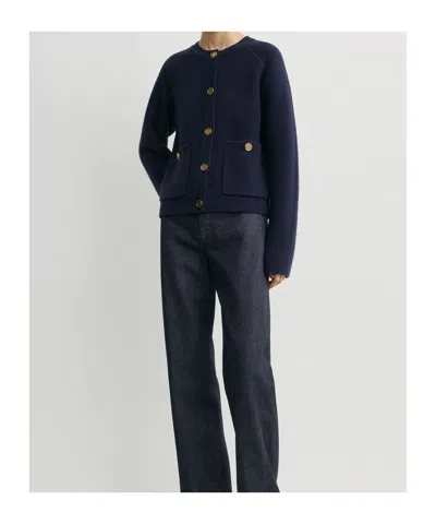 Totême Womens Navy Hammered Round-neck Stretch-wool Blend Cardigan Xs In Black