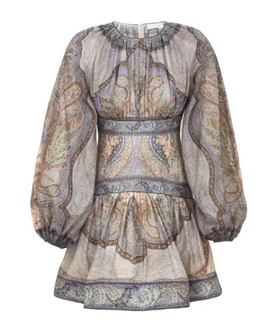 Zimmermann Wanderlust Multicolor Crewneck Mini Dress With Puffed Long Sleeves And All-over Print In Cotton And 