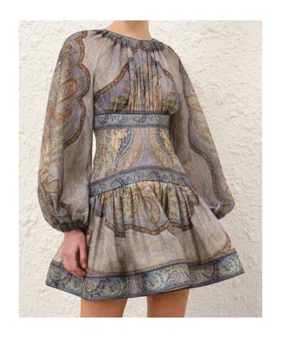 Zimmermann Wanderlust Multicolor Crewneck Mini Dress With Puffed Long Sleeves And All-over Print In Cotton And 