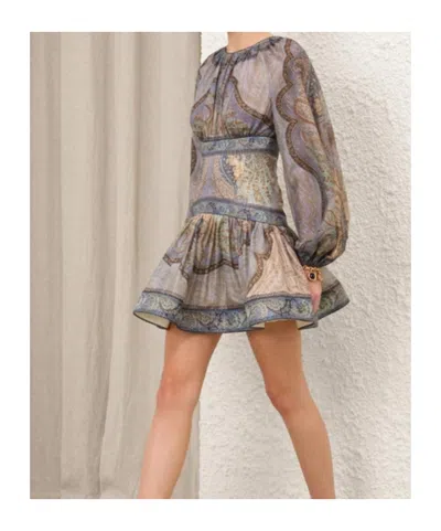 Zimmermann Wanderlust Multicolor Crewneck Mini Dress With Puffed Long Sleeves And All-over Print In Cotton And 